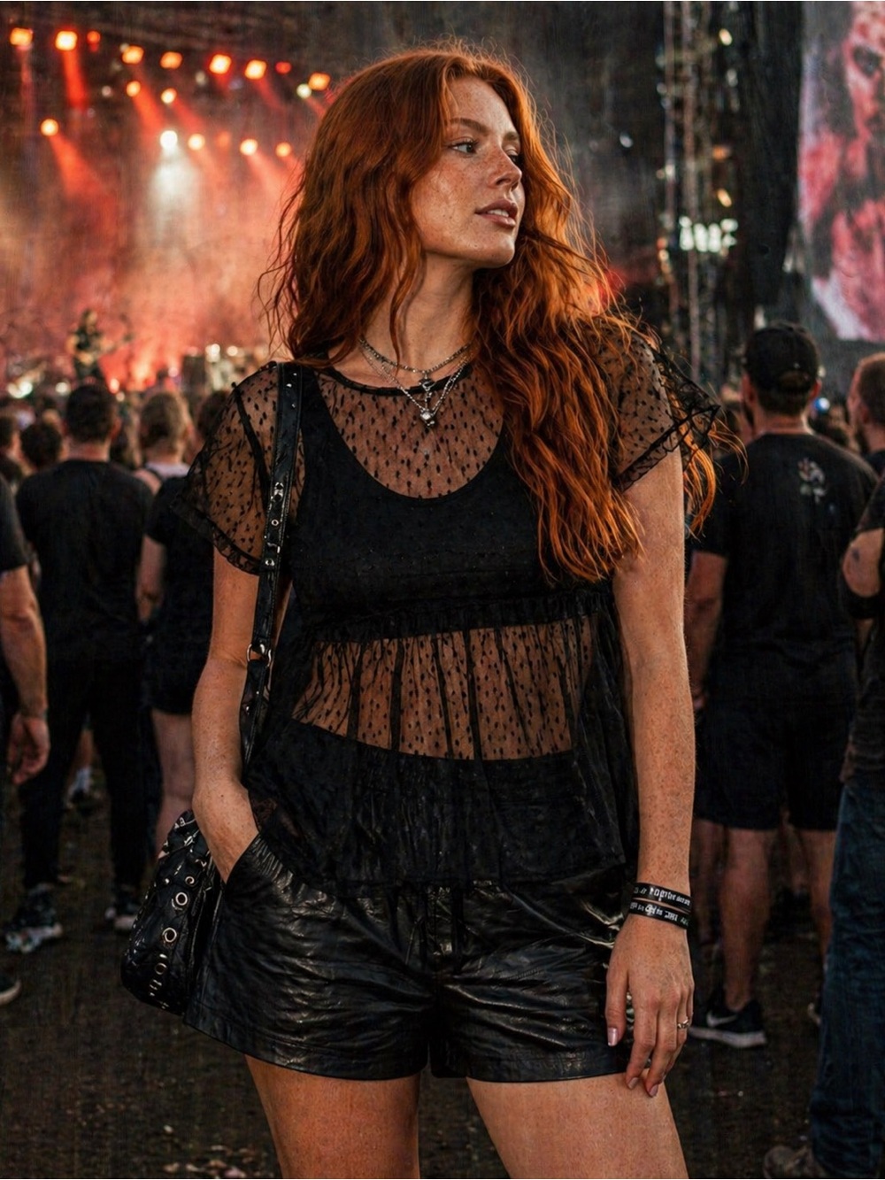 Sheer Black Polka Dot Mesh Top with Vegan Leather Tank & Shorts Layers